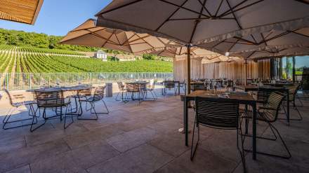 Facade Restaurant Premnord terrasse extérieure avec vue sur les vignes